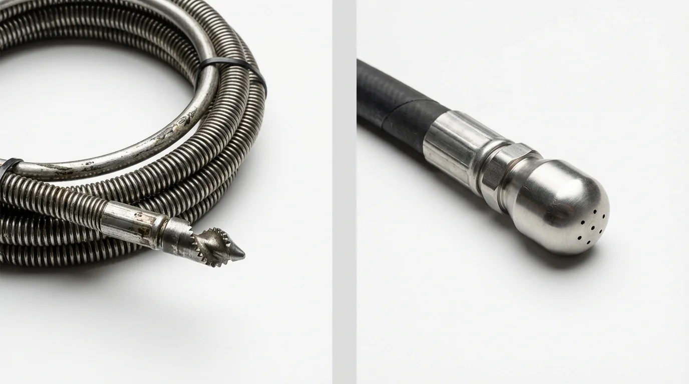 Drain snake cable and hydro jetting nozzle used for drain cleaning in Lakewood, OH