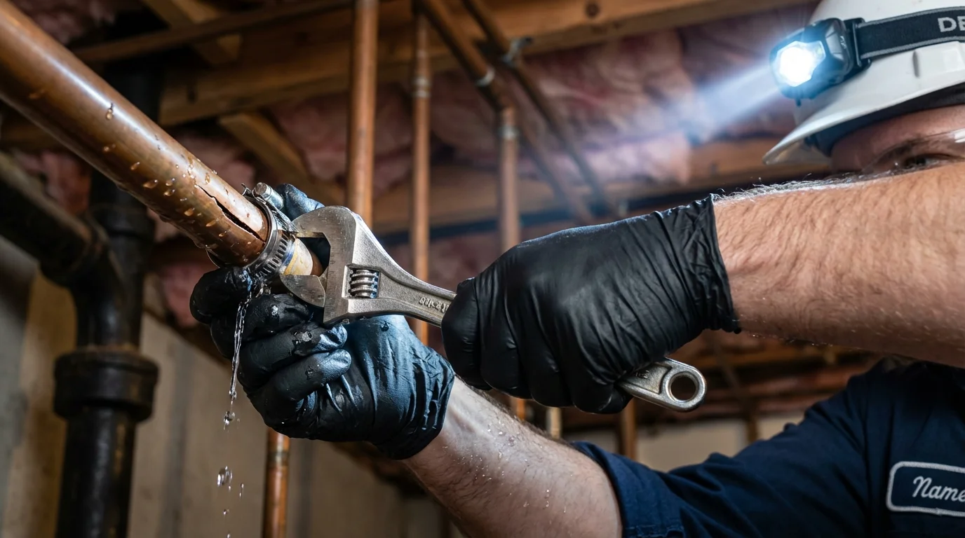 Emergency pipe clamp repair being performed by a Johns Plumbing LLC plumber in Lakewood