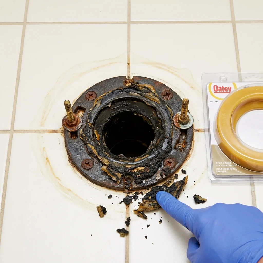 Failed wax ring showing water seepage at the base of a toilet in a Lakewood, OH home