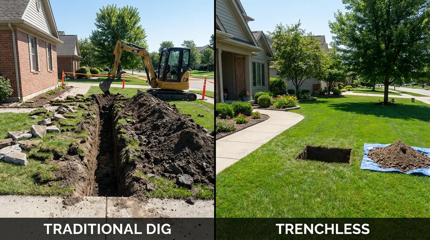 Trenchless sewer repair with minimal yard damage versus traditional excavation in Lakewood, OH