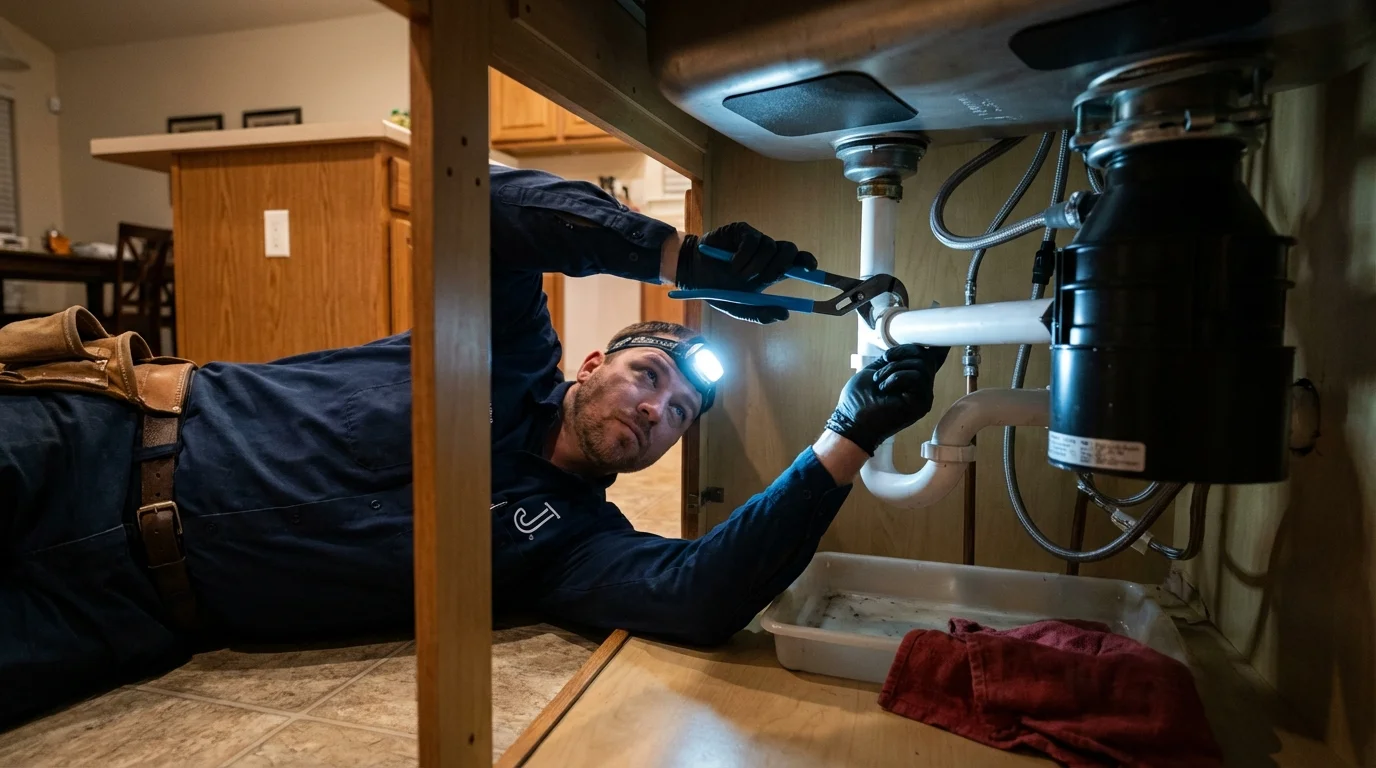 P-trap and supply line connections under a kitchen sink showing a common leak point in Lakewood, OH